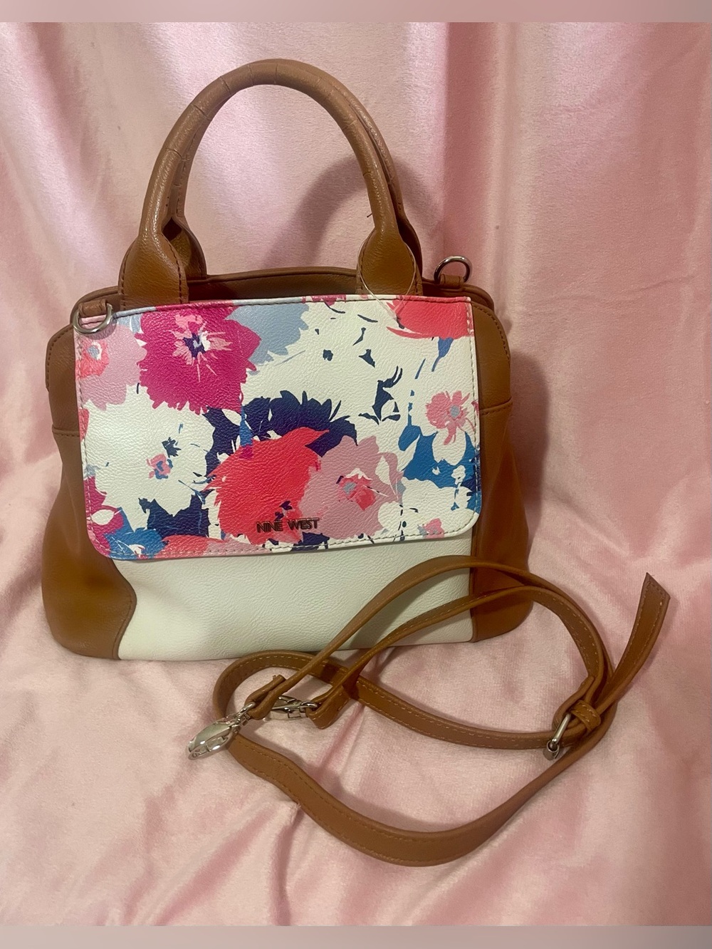Nine West Brown, White and Pink Floral Satchel